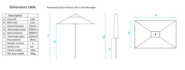 2.0 x 3.0m Rectangle Classic Dimensions Table