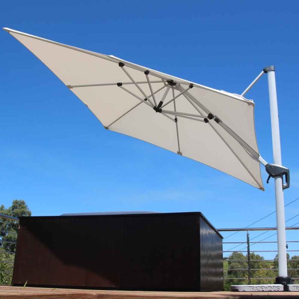 Tradewinds cantilever parasol , 3m square canopy , image shows the canopy tilted